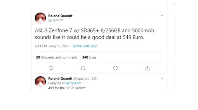 Bocoran harga Asus Zenfone 7. [Twitter]