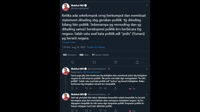 Cuitan Mahfud MD menyentil kelompok yang menolak disebut gerakan politik. (Twitter/@mohmahfudmd)