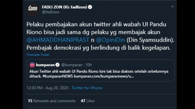 Cuitan Fadli Zon tentang peretasan akun Twitter dr Pandu Riono. (Twitter/@fadlizon)