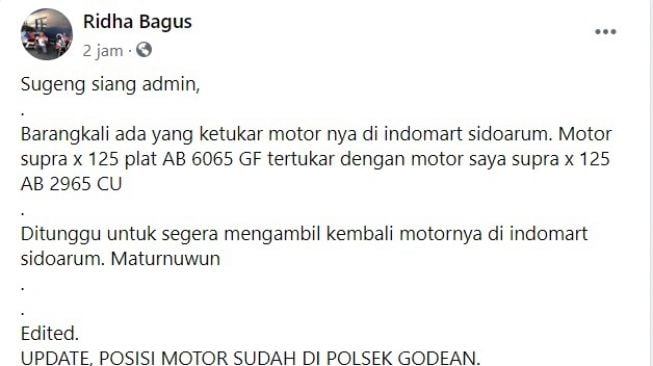 Pemilik curhat motor Honda Supra X tertukar di minimarket (Facebook)