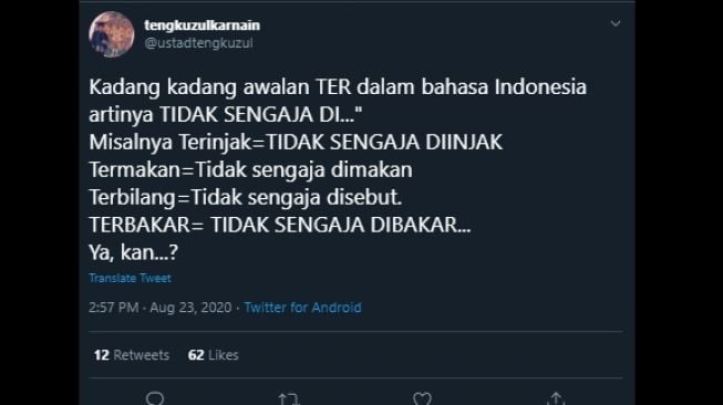 Cuitan Tengku Zul menganalisis kebakaran Gedun Kejaksaan Agung. (Twitter/@ustadtengkuzul)