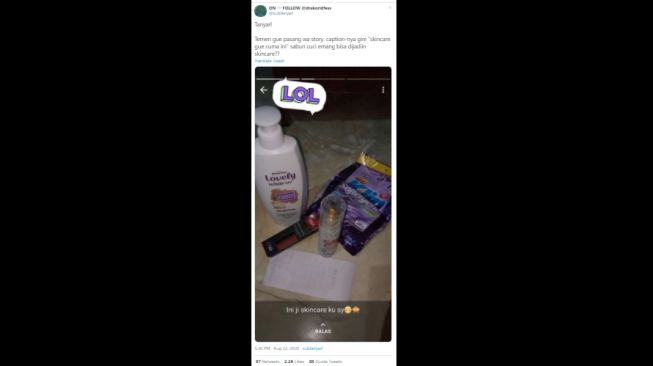 Viral orang pamer produk skincare tapi ada detergen juga. (Twitter/@subtanyarl)