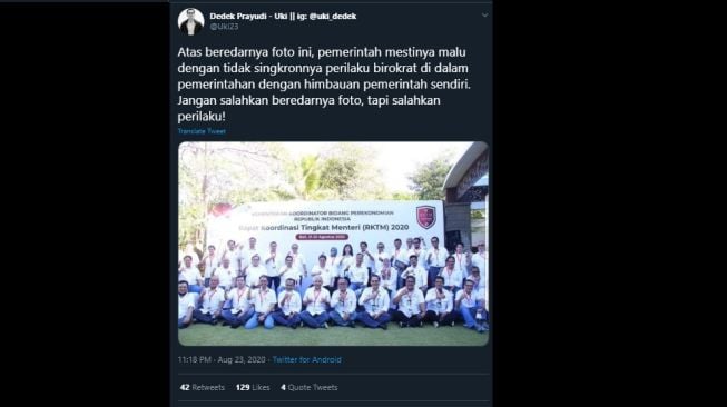 Cuitan Dedek Uki mengomentari para menteri tidak pakai masker saat Rapat Koordinasi Tingkat Menteri. (Twitter/@uki23)