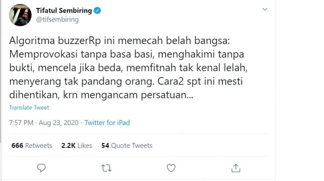 Tanggapan Tifatul Sembiring soal buzzerRp (Twitter @Tifsembiring).