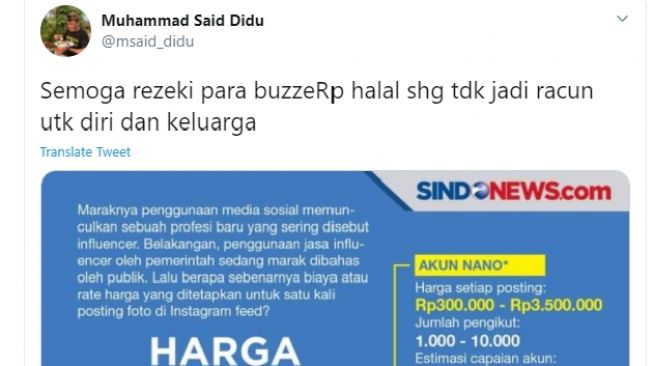 Layangkan Komentar Soal BuzzeRp, Said Didu: Semoga Rezeki Mereka Halal