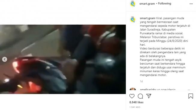 Sepasang kekasih ciuman di atas motor hingga tersungkur di trotoar. - (Instagram/@smart.gram)