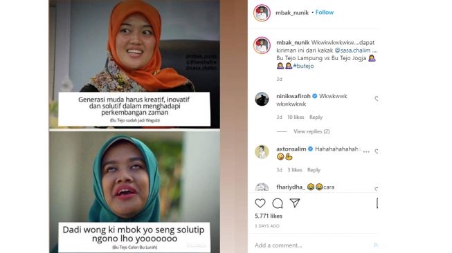 Sosok Wakil Gubernur Lampung yang dinilai mirip dengan sosok Bu Tejo (Instagram)