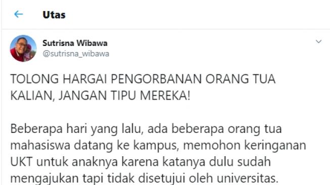 Sutrisna wibawa menceritakan pertemuannya dengan wali mahasiswa. - (Twitter/@sutrisnawibawa)