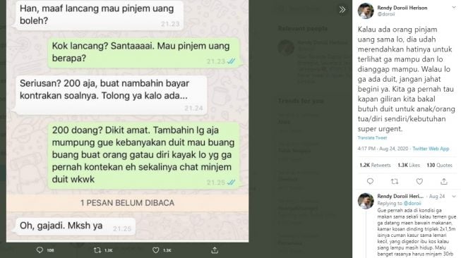 Tangkapan layar chat niat pinjam uang tapi tidak direspons baik. [Twitter]