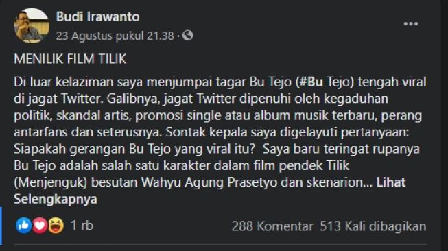 Pendapat dosen ilmu komunikasi UGM, Budi Irawanto soal kritik terhadap film tilik. - (Facebook/Budi Irawanto)