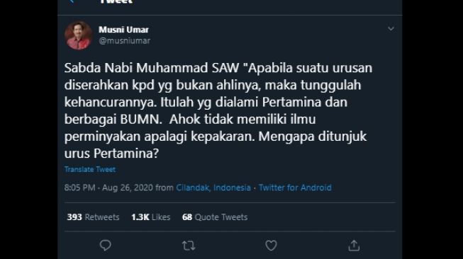 Cuitan Musni Umar menyentil kerugian Pertamina pakai sabda Nabi. (Twitter/@musniumar)