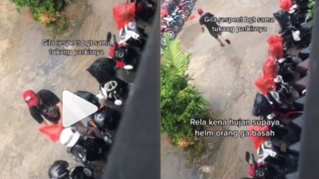 Tukang Parkir Rela Kehujanan Demi Amankan Helm, Aksinya Viral