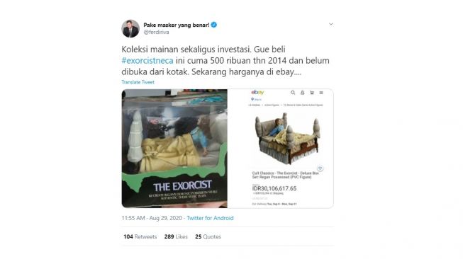 Postingan warganet investasi mainan, harganya bikin melongo. [Twitter]