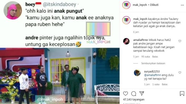 Momen Andre Taulany singgung anak pungut di depan Betrand Peto [Instagram/@mak_inpoh]