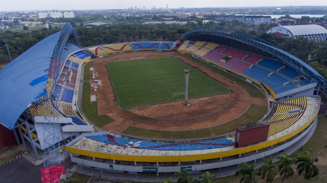 Foto udara stadion Gelora Sriwijaya Jakabaring (GSJ), Jakabaring Sport City (JSC), Palembang, Sumatera Selatan, Selasa (1/9/2020). [ANTARA FOTO/Nova Wahyudi]