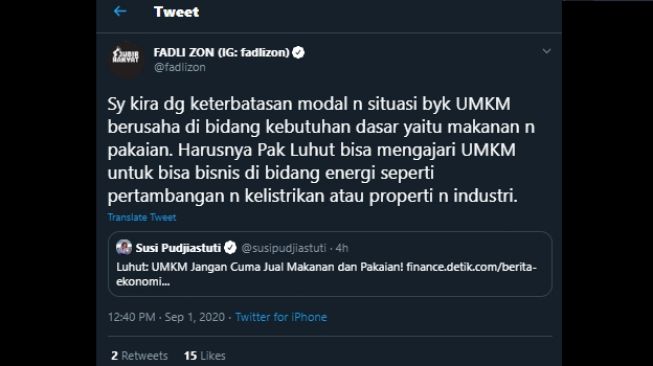 Cuitan Fadli Zon menanggapi pernyataan Luhut soal pelaku UMKM. (Twitter/@fadlizon)