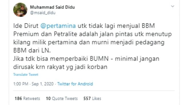 Ramai Kabar Pertamina Hapus Premium dan Pertalite, Ini Respons Said Didu