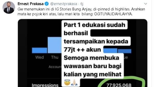 Cuitan Ernest Prakasa menanggapi perdebatan kata anjay. (Twitter/@ernestprakasa)