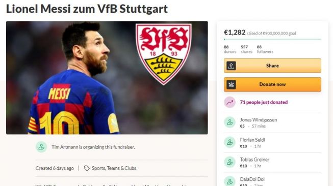 Fans VfB Stuttgart menggalang dana untuk mendatangkan Lionel Messi dari Barcelona. (Laman GoFundMe)