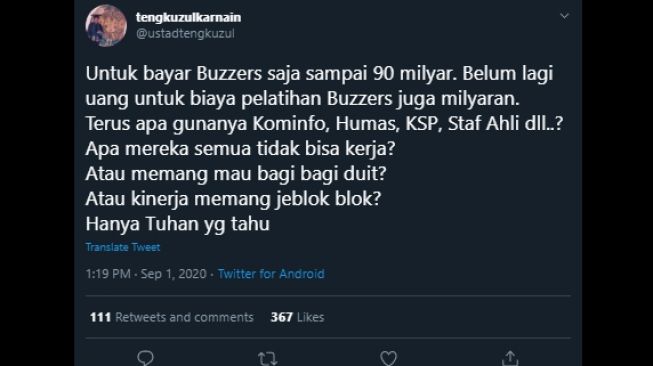 Cuitan Tengku Zulkarnain soal dana 90 miliar bagi influencer. (Twitter/@ustadtengkuzul)