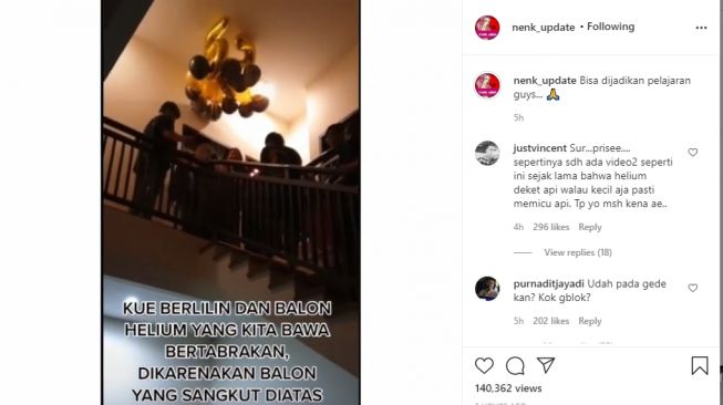 Sekelompok anak muda terkena ledakan balon helium saat akan beri kejutan rekannya. - (Instagram/@nenk_update)