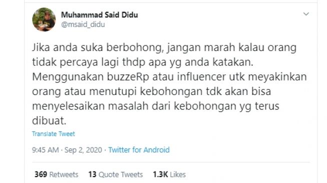 Soal Buzzer dan Influencer, Said Didu: Tidak Akan Bisa Selesaikan Masalah