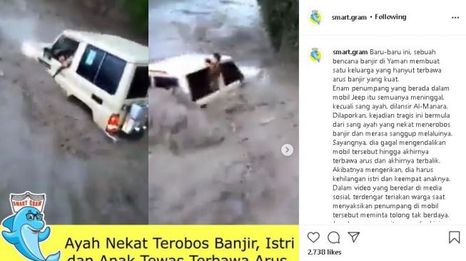 Sebuah mobil warna putih yang nekat terjang banjir bandang hanyut terbawa arus. (Instagram/@smart.gram)