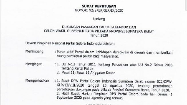 SK Keluar, Partai Gelora Resmi Dukung Nasrul Abit-Indra Catri