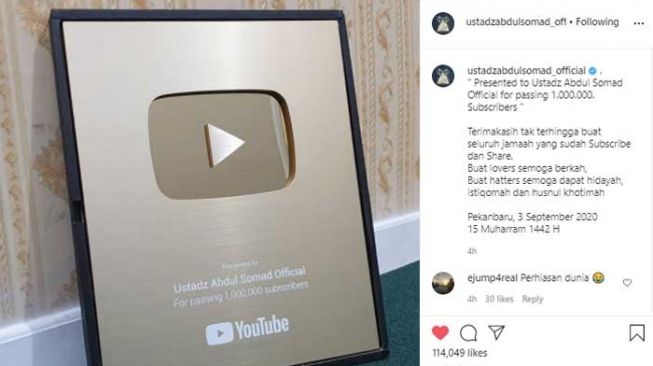 Tembus 1,2 Juta Subscriber, UAS Raih Youtube Gold Play Button