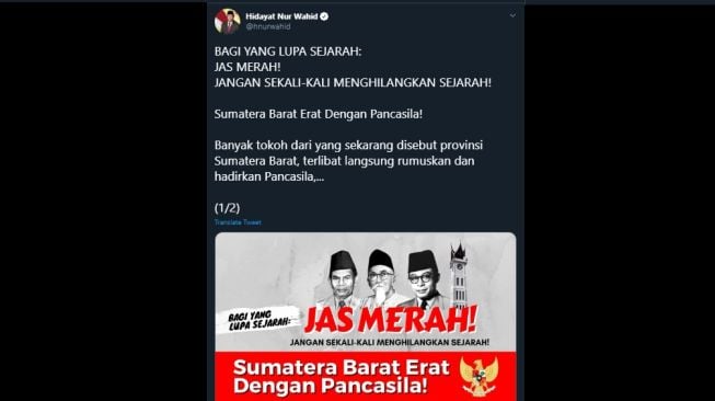 Cuitan HNW soal Sumatera Barat erat dengan Pancasila (Twitter/@hnurwahid)