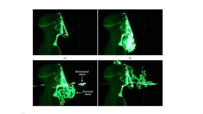 Simulasi face shield dan masker berkatup udara. [Aip.scitation.org]