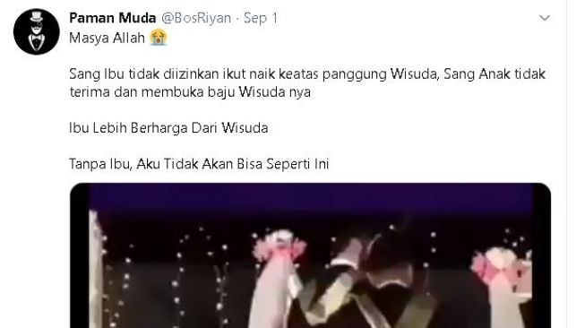 Seorang mahasiswa berikan reaksi tak terduga ketika ibunya dilarang naik panggung wisuda. (Twitter/@BosRiyan)