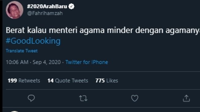 Cuitan Fahri Hamzah menyentil Menteri Agama. (Twitter/@Fahrihamzah)