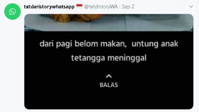 Seseorang membuat story WhatsApp bahagia karena mendapat nasi kotak dari tetangganya yang meninggal. (Twitter/@txtdrstoryWA)