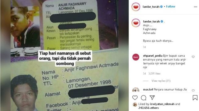 Seorang pemuda asal Lamongan memiliki nama yang cukup unik yakni Anjir. (Instagram/@lambe_turah)