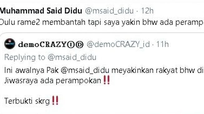 Cuitan Said Didu mengomentari kasus Jiwasraya. (Twitter/@msaid_didu).