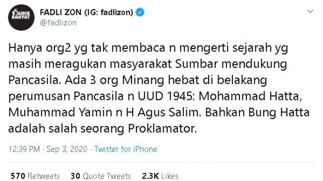 Cuitan Fadli Zon di akun Twitter pribadinya. (Twitter/@fadlizon)