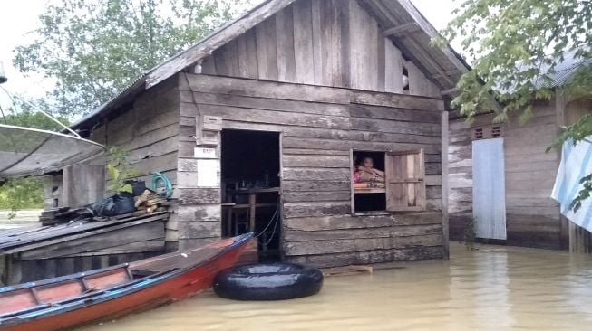 Seorang warga tetap bertahan di rumahnya saat banjir di Desa Sinar Bulan, Kabupaten Tanah Bumbu, Kalimantan Selatan, Jumat (4/9/2020). [ANTARA FOTO/Toni-Relawan]