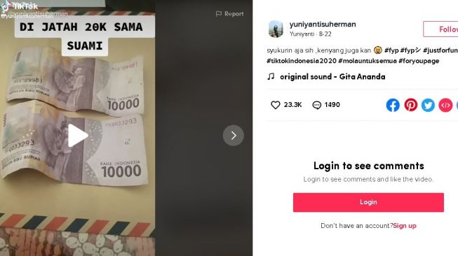 Seorang istri curhat di TikTok karena hanya diberi uang sebesar Rp20 ribu selama seminggu. (TikTok/@yuniyantisuherman)