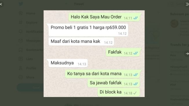 Tangkapan layar chat saat ditanya kota asal. [Twitter]