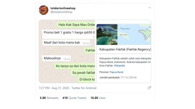 Pengalaman belanja online saoal ditanya kota asal. [Twitter]