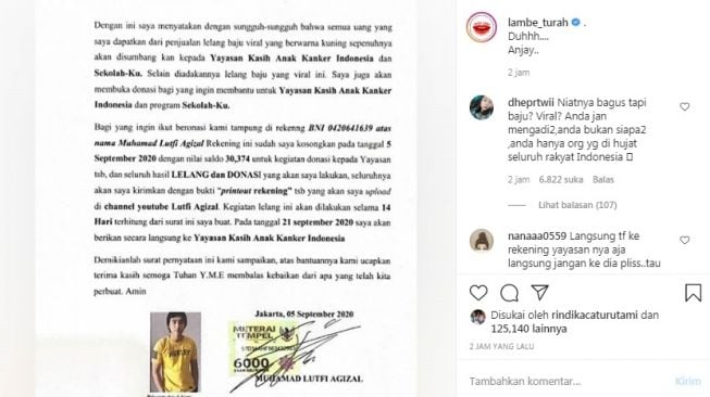 Unggahan soal Lutfi Agizal ]Instagram/@lambe_turah]