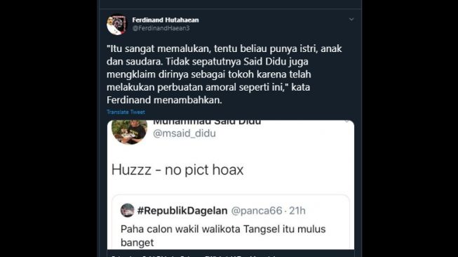 Cuitan Ferdinand Hutahaean menganggap tindakan Said Didu memalukan (Twitter/@FerdinandHaean3)