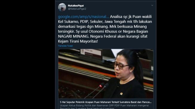 Cuitan Natalius Pigai mengusulkan agar Minang diberi Otonomi Khusus (Twitter/@NataliusPigai2)