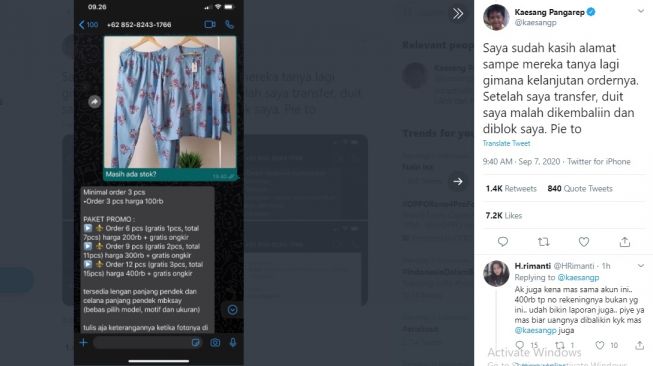 Postingan Kaesang membeli produk dari penipu online. [Twitter]