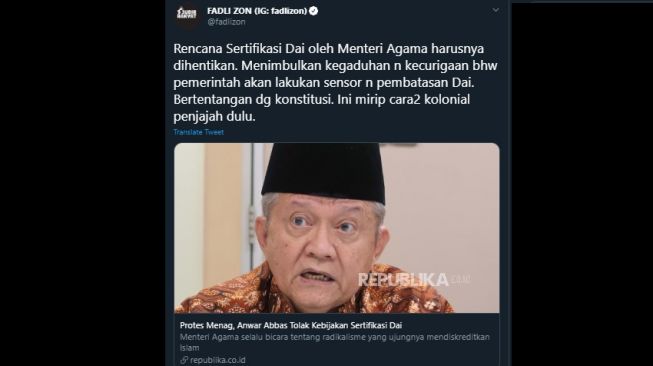 Cuitan Fadli Zon meminta agar rencana sertifikas dai dihentikan. (Twitter/@fadlizon)