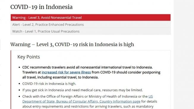 Beri Peringatan Level 3 Soal Covid-19, AS Imbau Warganya Tak ke Indonesia