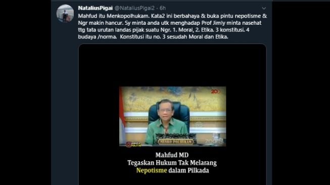 Natalius Pigai mengomentari pernyataan Mahfud MD soal nepotisme dalam Pilkada. (Twitter/@NataliusPigai2)