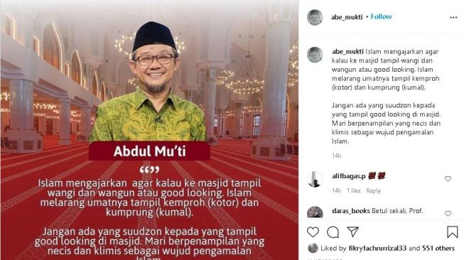 Abdul Mu'ti menanggapi pernyataan kontroversional Menag soal penampilan good looking. (Instagram/@abe_mukti)