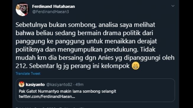 Ferdinand Hutahaean mengomentari seruan Gatot Nurmantyo tentang hafidz Al quran. (Twitter/@FerdinandHaean3)